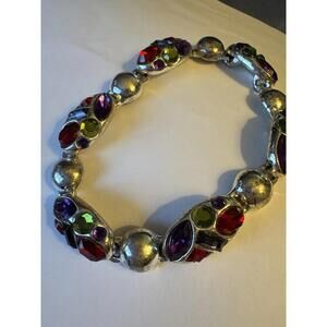 Vintage Women’s Bracelet Links Silver Tone Faux Multicolored Rhinestones Magnet
